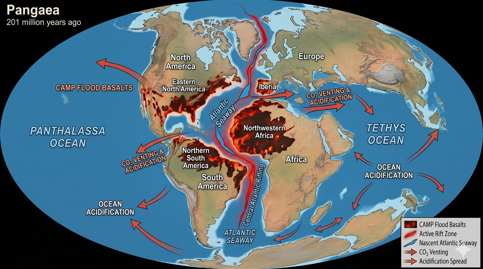 Reconstrução dos derrames de basalto da CAMP durante a abertura do Oceano Atlântico Norte. Erupções em pulsos sucessivos injetaram enormes volumes de CO₂ na atmosfera, causando acidificação oceânica, anoxia e a extinção que marcou o fim do Triássico e abriu caminho para a diversificação dos dinossauros.