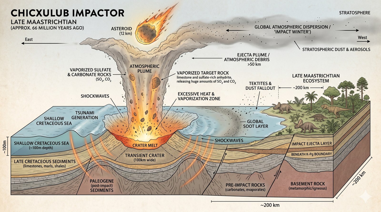 Anatomia do impacto de Chicxulub: diagrama do Maastrichtiano final mostrando o asteroide de 12 km penetrando a atmosfera, a bola de fogo e a pluma atmosférica com sulfatos vaporizados, as ondas de choque gerando tsunamis no mar raso do Cretáceo, a cratera com 100 km de diâmetro e os depósitos globais de fuligem, tectitos e ejecta que marcam a camada K-Pg.