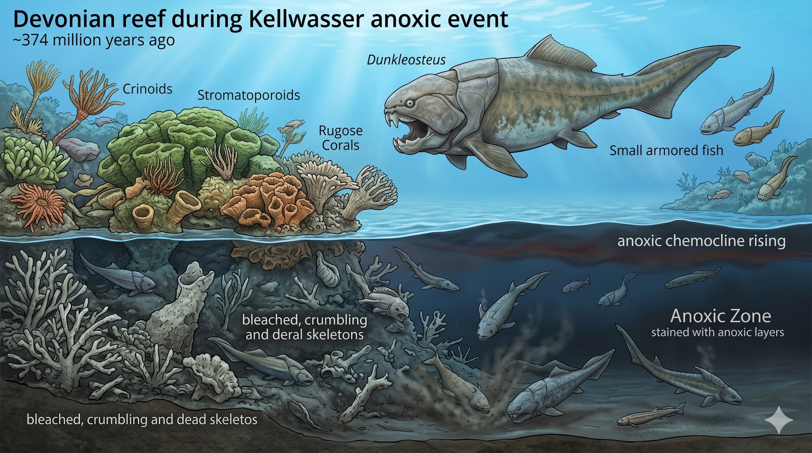 Paleogeografia do Devoniano Tardio, 374 milhões de anos atrás. O supercontinente Gondwana se aproximava da Laurentia e Báltica, formando a Laurússia. A expansão das primeiras florestas terrestres alterou o ciclo do carbono e contribuiu para eventos anóxicos nos oceanos.