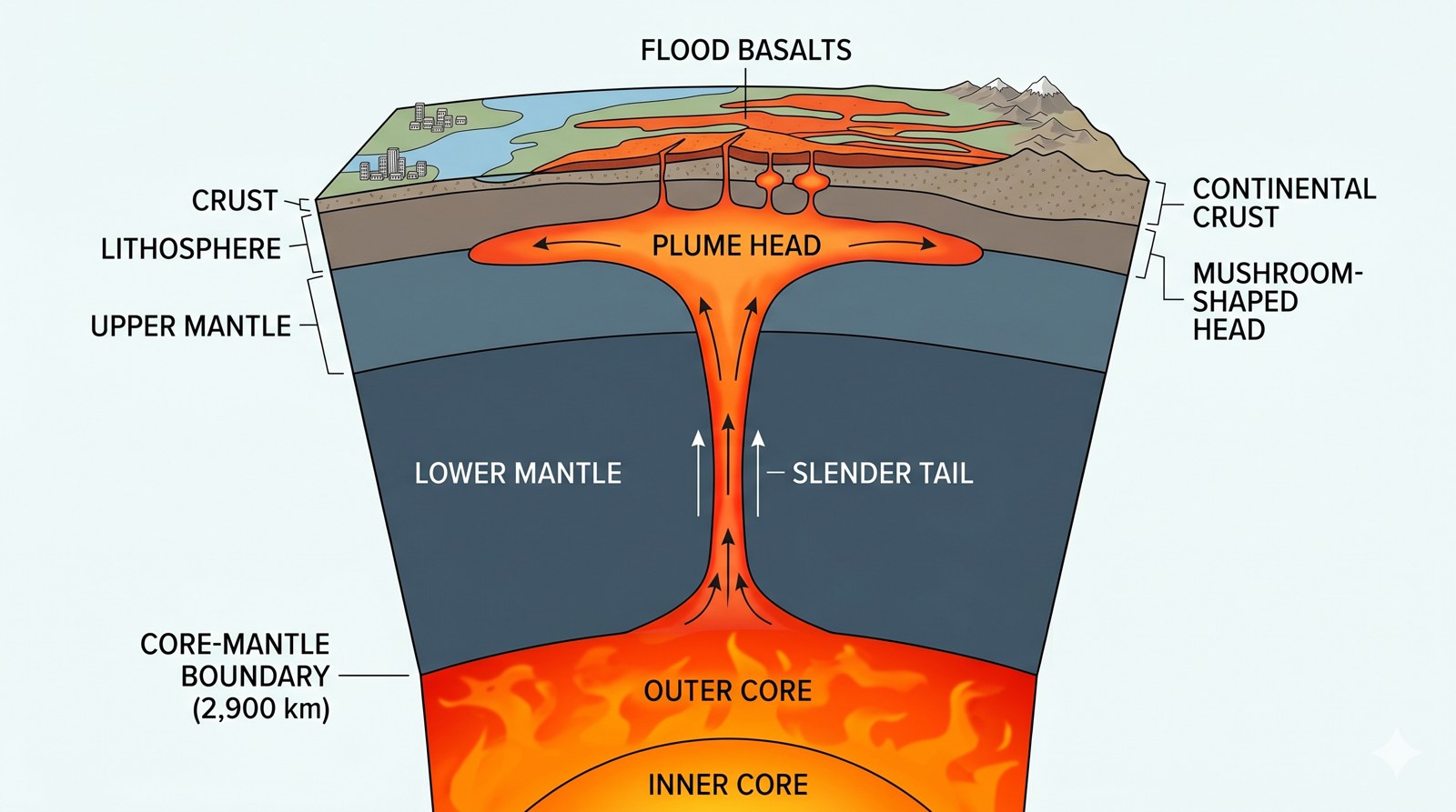 Cross-section diagram of a mantle plume rising from the core-mantle boundary to the surface