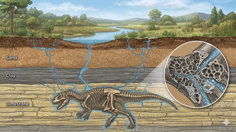 Cross section showing a skeleton buried under layers of sand, clay, and limestone, with groundwater percolating and a microscopic detail of minerals filling bone pores