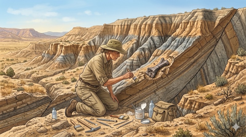 Paleontologist excavating a fossil exposed in a sedimentary rock wall in badlands
