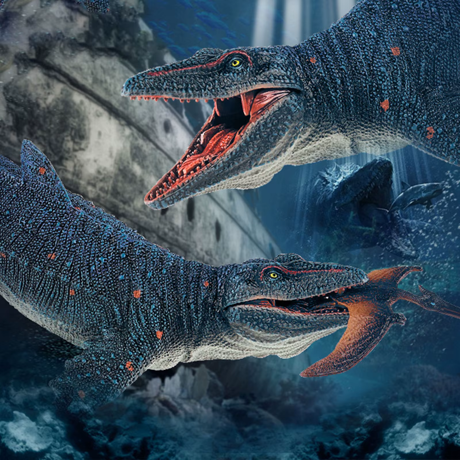Reconstituição artística de Mosasaurus em caça no oceano do Cretáceo Superior.