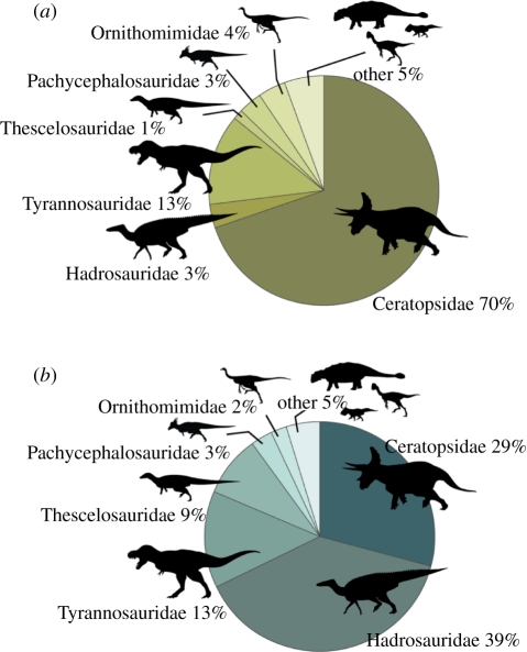 Pie graphs of the lithology using the entire dataset showing the different proportions of each dinosaur group found in sandstone and mudstone. ( a ) Mudstone ( n = 149) contains a highly uneven fauna dominated by ceratopsids, while the other taxa are only rarely found. ( b ) Sandstone ( n = 194) contains a more even fauna with hadrosaurs most abundant, followed closely by ceratopsids and tyrannosaurids.