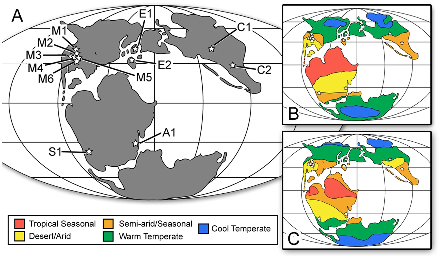 Figure 1. Late Jurassic paleogeographic map and reconstructed biomes.