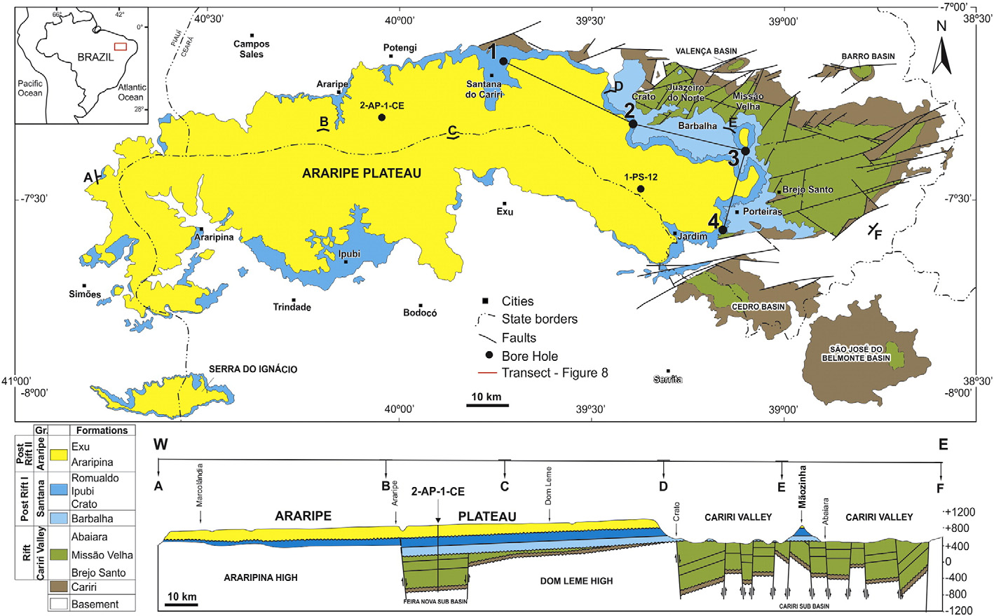 Geologic map of the Araripe Basin, showing the stratigraphic record of the rift and post-rift stages (modiﬁed from Assine, 2007). Stratigraphic sections: (1) Pedra Branca; (2) Sitio