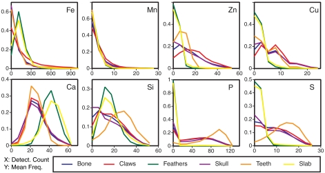 Detector count distributions assigned to individual anatomical categories for eight elements: Fe, Mn, Zn, Cu, Ca, Si, P, and S. The frequency of pixels giving a detector intensity response is plotted as a function of counts. “Bone” refers to combined areas of postcranial skeleton. (Further method details are in SI Text in Synchrotron Rapid Scanning X-ray Fluorescence .) For all elements besides Mn, the histolines for Archaeopteryx bone, claws, teeth, and skull are clearly different from the embe