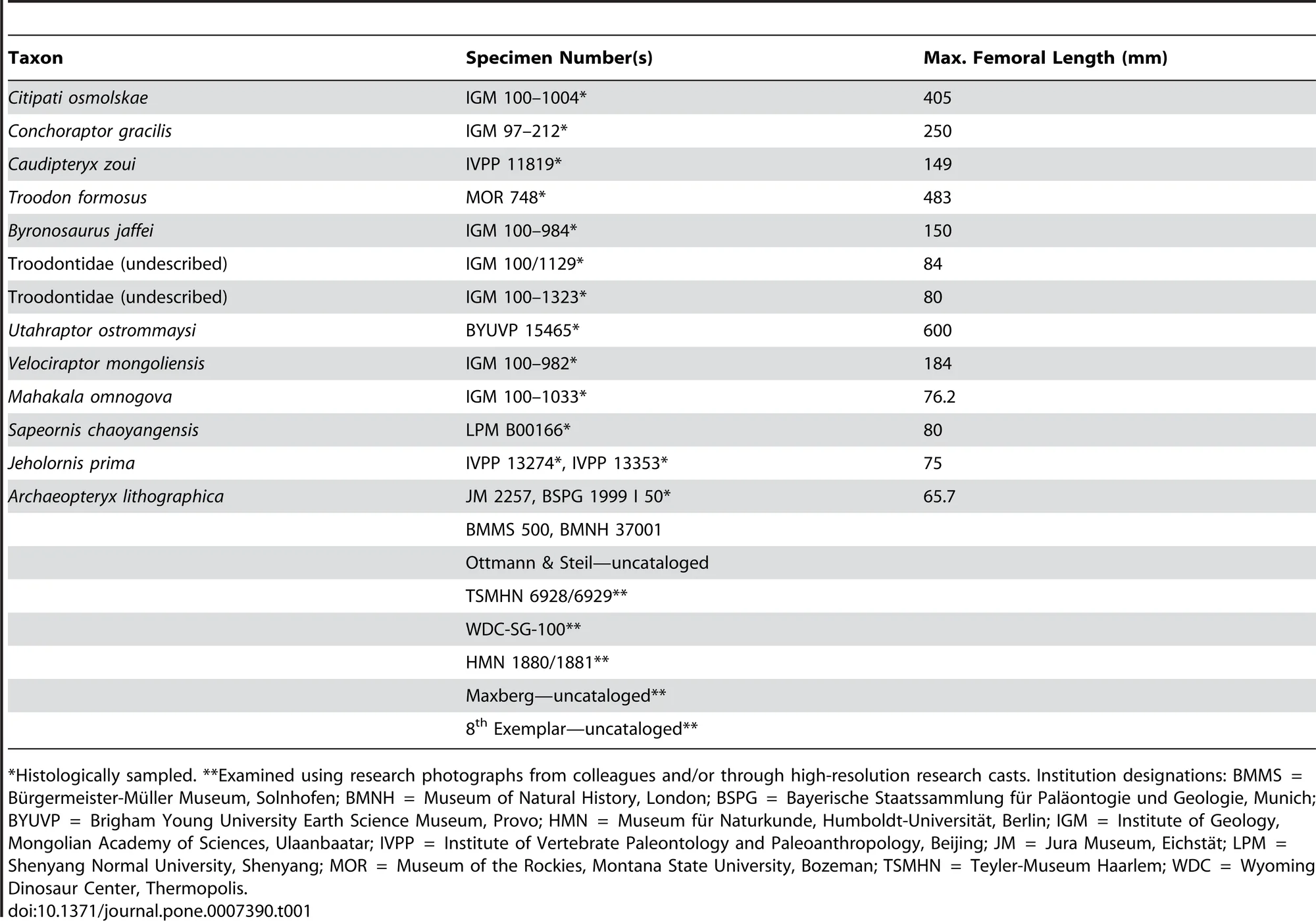 Table 1. Specimen identifications and sizes.
