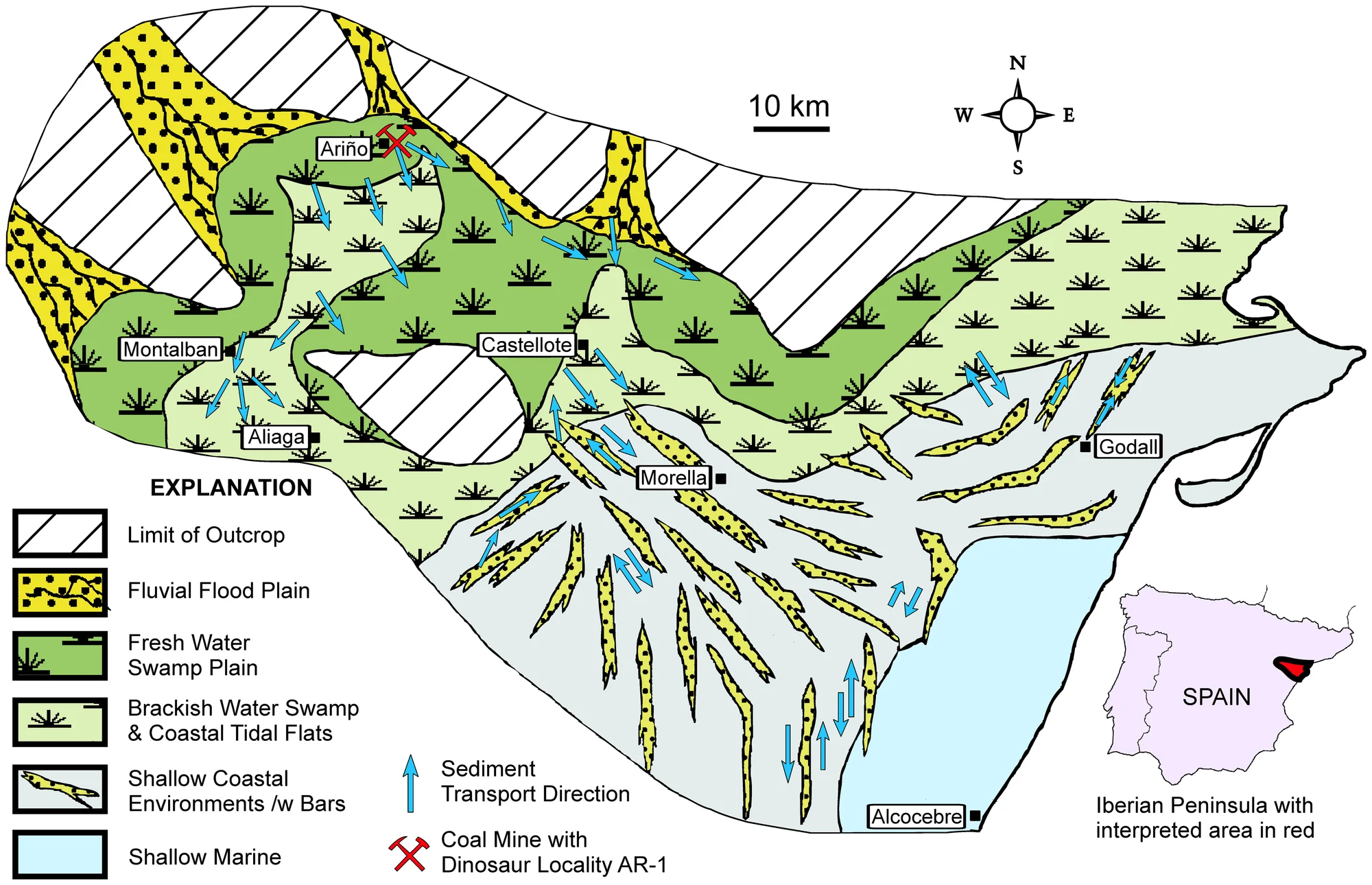 Figure 3. Paleogeographic reconstruction of the Escucha outcrop belt during deposition of coal under freshwater conditions in the Ariño area.