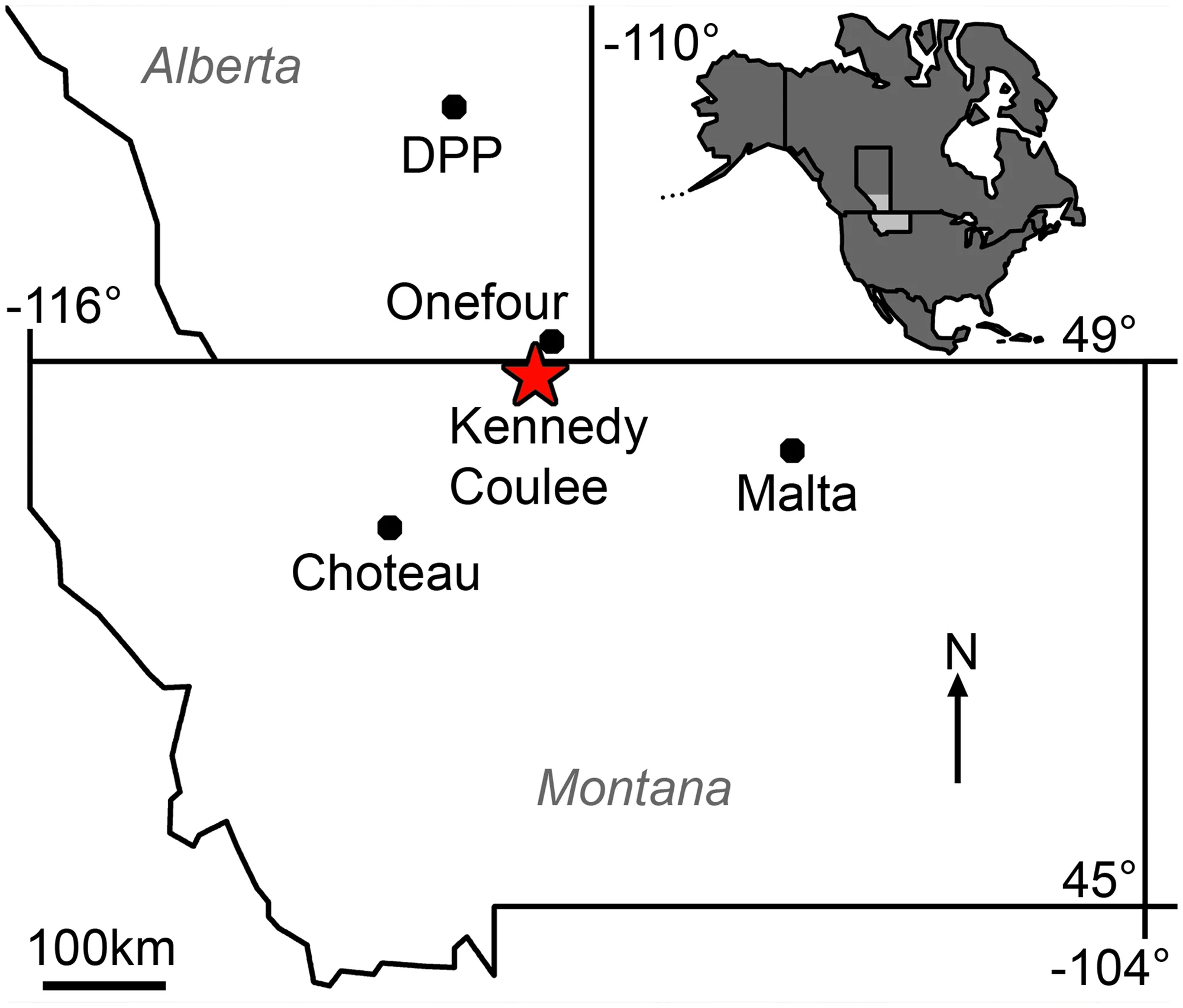 Fig 2. Map of Brachylophosaurini localities in Montana and southern Alberta.