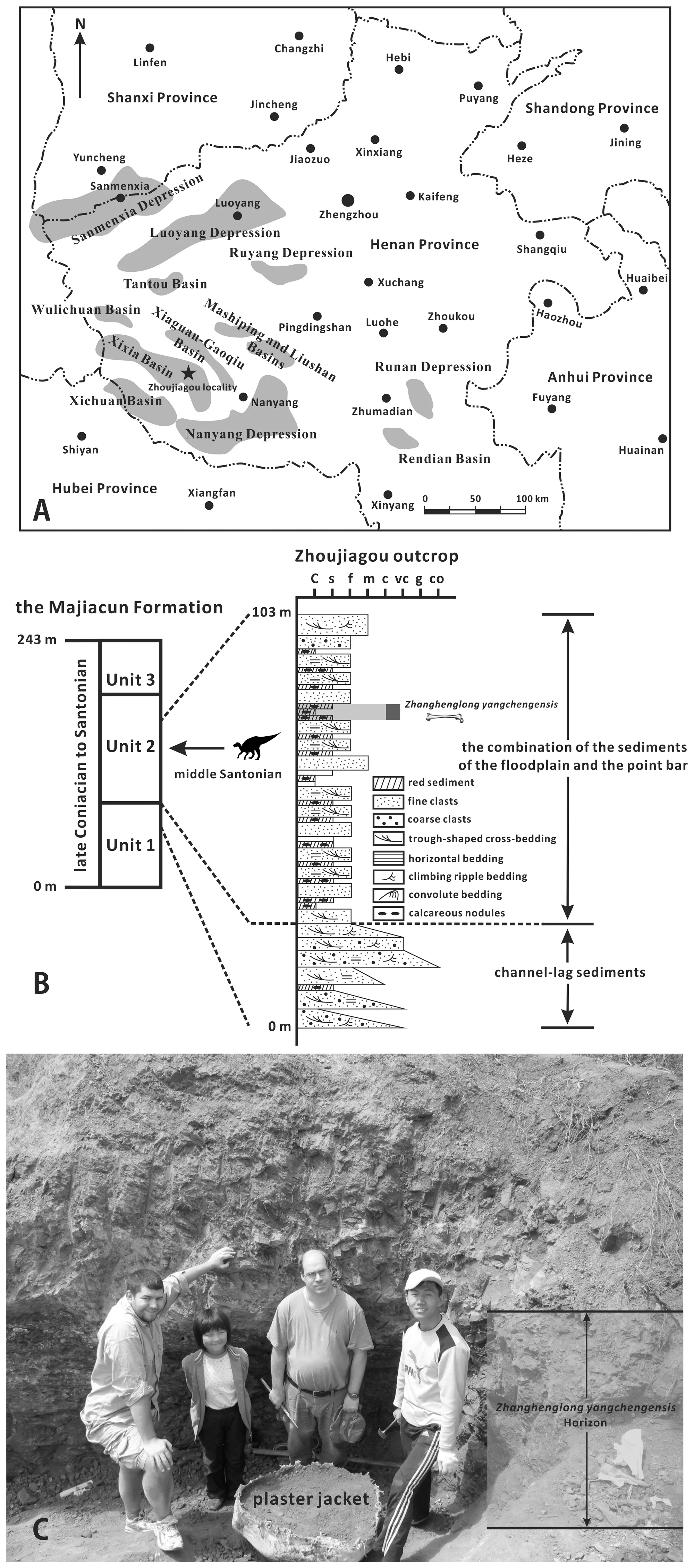 Figure 1. Simplified geographic map and detailed stratigraphic section showing the locality and horizon of Zhanghenglong yangchengensis .