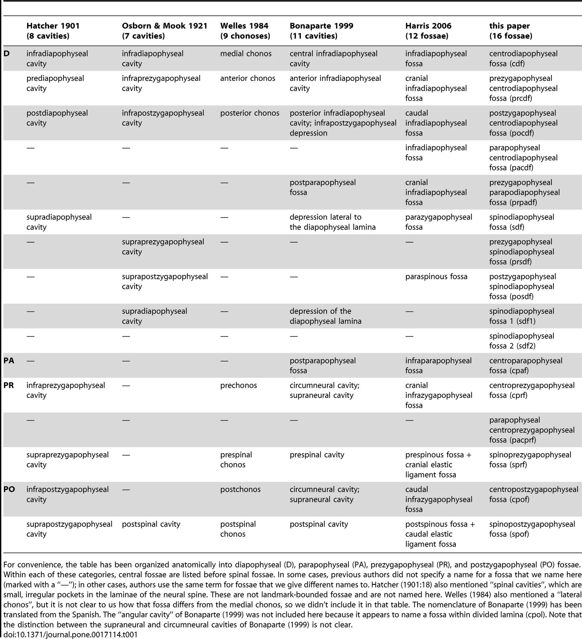 Table 1. Comparison of nomenclature for neural arch fossae.