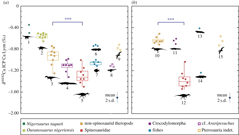 δ 44/42 Ca data reported from Gadoufaoua ( a ) and Kem Kem Beds faunas ( b ). Groups representing at least five specimens are represented through boxplots, for which the middle line represents the median, the box limits correspond to the first and third quartiles, and the whiskers are extended between the maximum and the minimum δ 44/42 Ca values. The mean 2 s.d. of each measure is represented at the bottom right of each graph. The degree of significance of the difference between the theropod gr