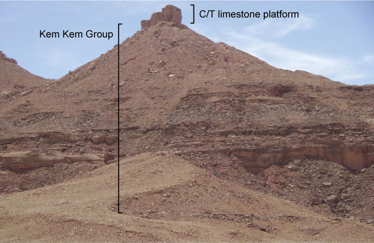 Outcrops of the Kem Kem sequence near Gara Sbaa. The red beds are overlain by a Cenomanian-Turonian limestone platform.