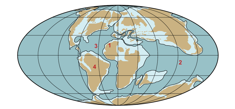 Geographical setting of the Kem Kem region. Cenomanian (~94 Mya) paleogeographic world map showing key localities (map after Scotese 2002 , da Silva and Gallo 2007). Abbreviations: 1 Kem Kem region in Africa 2 Tethys Ocean 3 opening Atlantic Ocean 4 South America.