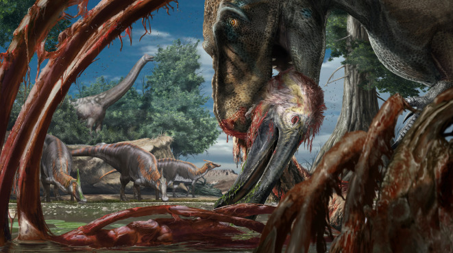 Dinosaur ecology in the Nemegt Basin (Upper Cretaceous of Mongolia). A Tarbosaurus is consuming a Deinocheirus carcass, imposing a distortive, first-order taphonomic filter for interpreting the palaeoecology of this community (the hadrosaurid Saurolophus drinking opposite the tyrannosaurid and the sauropod Nemegtosaurus foraging in the background). Reconstruction by Davide Bonadonna.