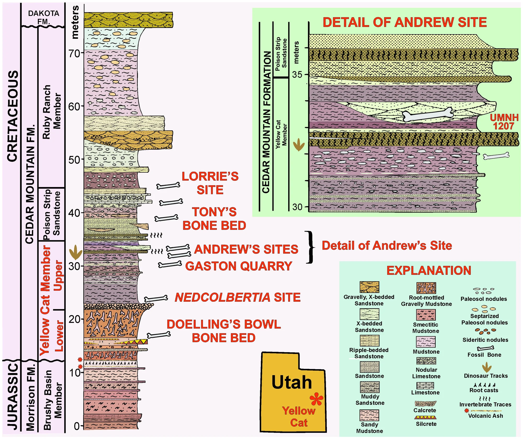 Figure 2. Detailed stratigraphic correlation of the lower Yellow Cat Member of the Cedar Mountain Formation at its type section with the stratigraphic section at Doelling’s Bowl five kilometers to the east, showing the stratigraphic position of the Doelling’s Bowl dinosaur bone bed.