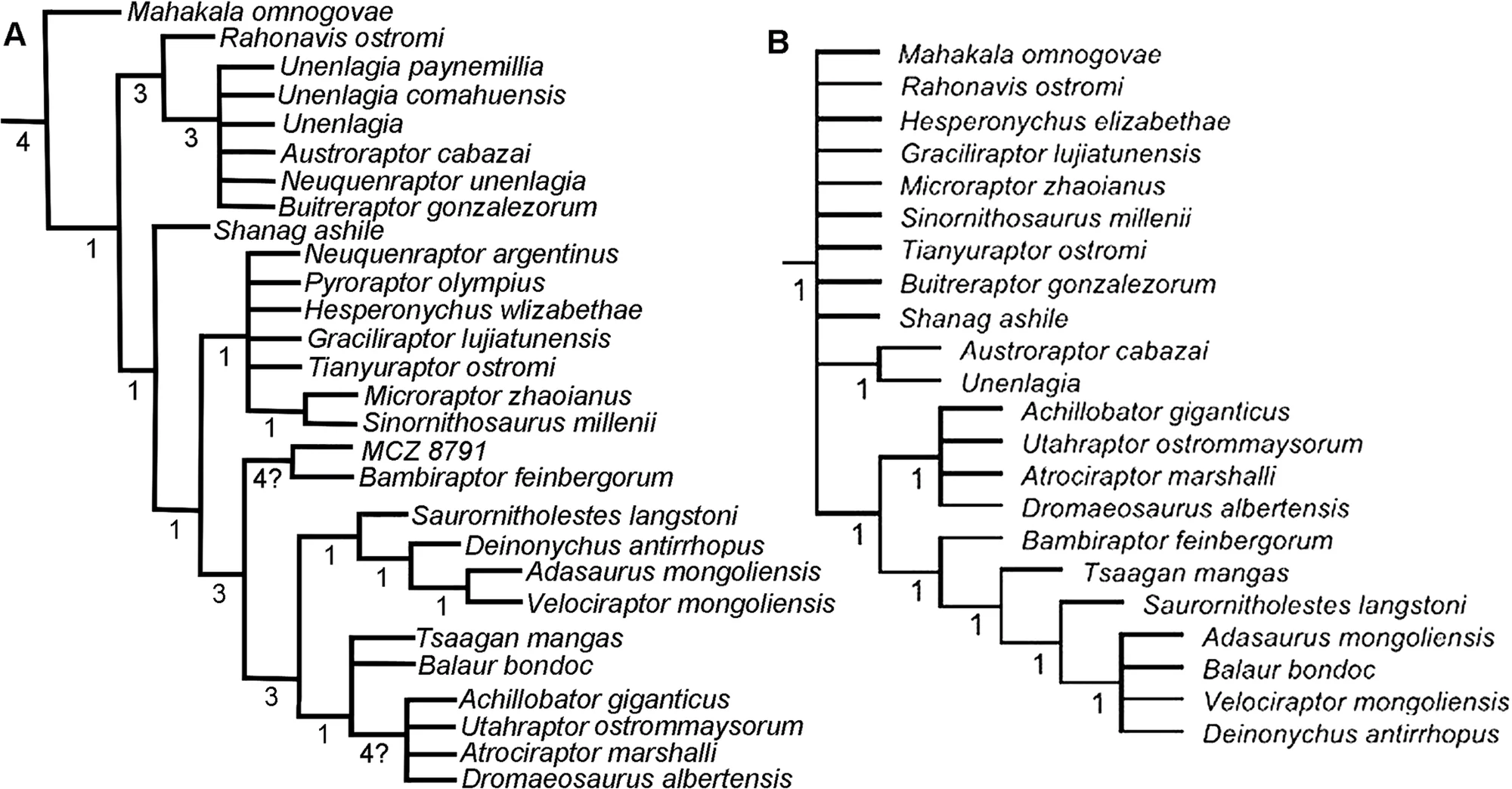 Fig 1. Detailed portions of two consensus tree cladograms.