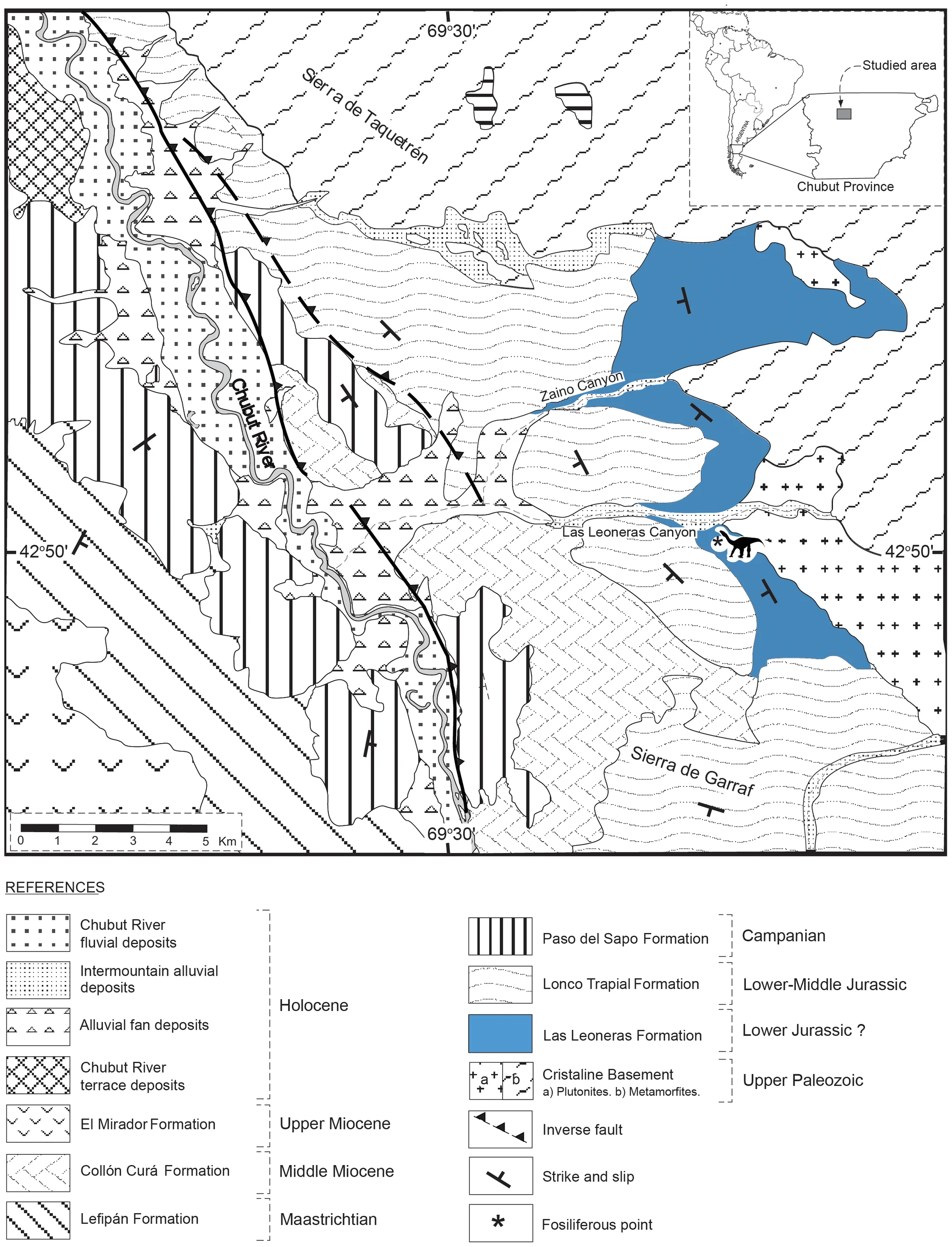 Figure 1. Geological map of the locality where Leonerasaurus taquetrensis was found (indicated by asterisk and silhouette).