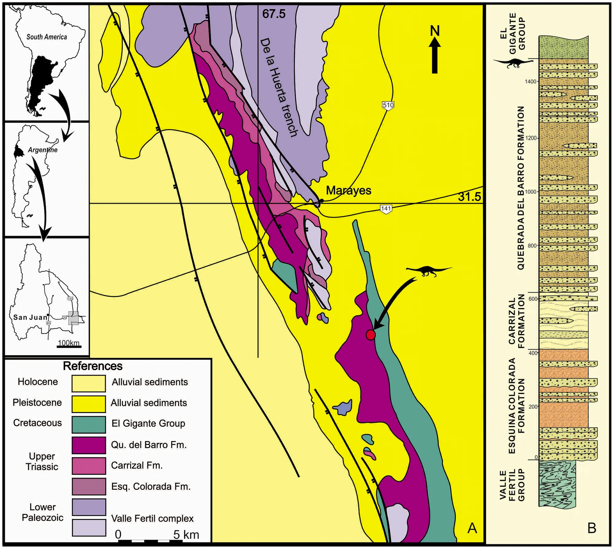 Figure 1. Location and Geologic map of the Marayes-El Carrizal Basin (Northwestern Argentina)