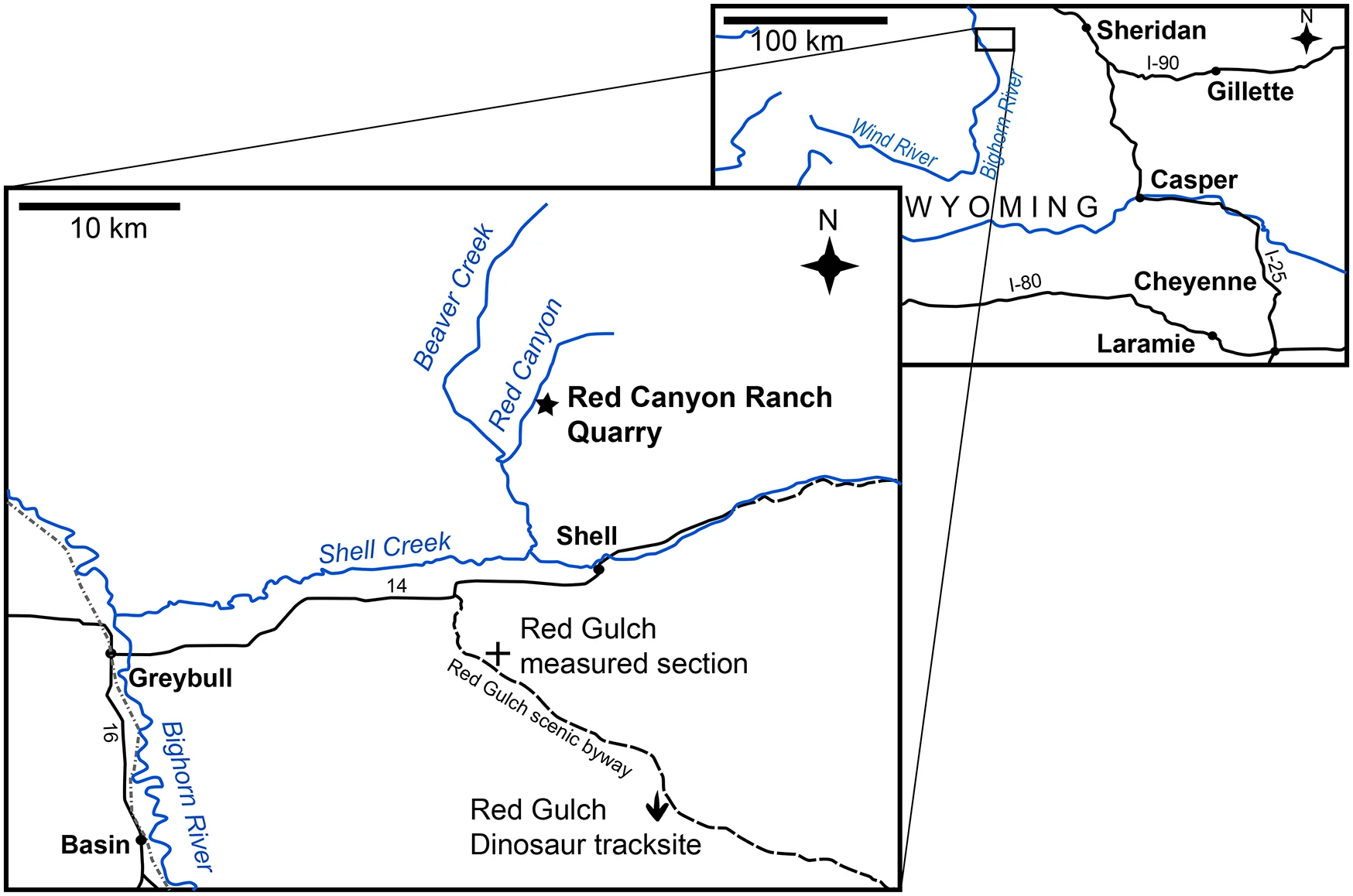 Fig 2. Maps showing the location of the Red Canyon Ranch quarry in Wyoming.