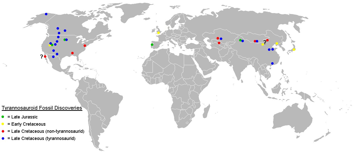 Mapa das localidades de fósseis de tiranossauroides, mostrando a distribuição geográfica dos espécimes canadenses estudados por Russell (1970) no Cretáceo do oeste do Canadá.