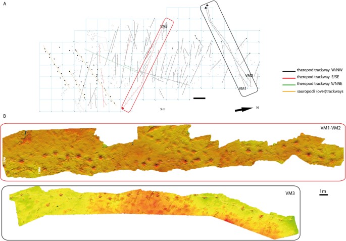 Figure 3: Cartography of the Vale de Meios site and photogrammetric models of three analysed trackways.