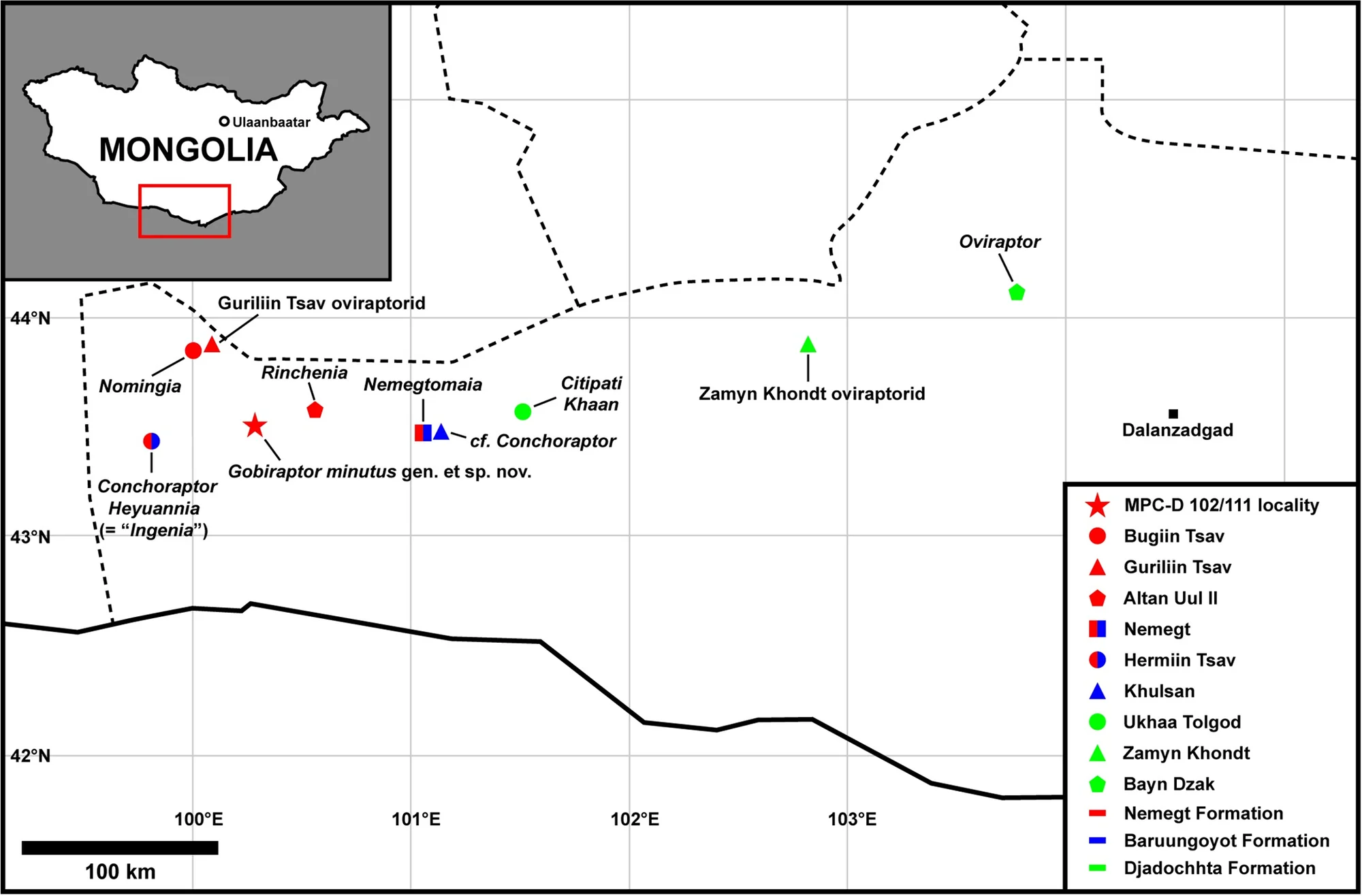 Fig 1. Map showing the occurrences of oviraptorids in the southern Gobi Desert of Mongolia.