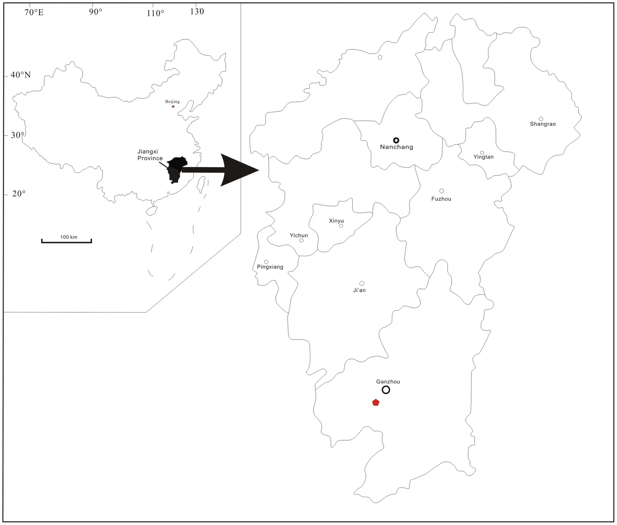 Figure 1. Map of the fossil locality, near Ganzhou, Jiangxi Province, southern China.