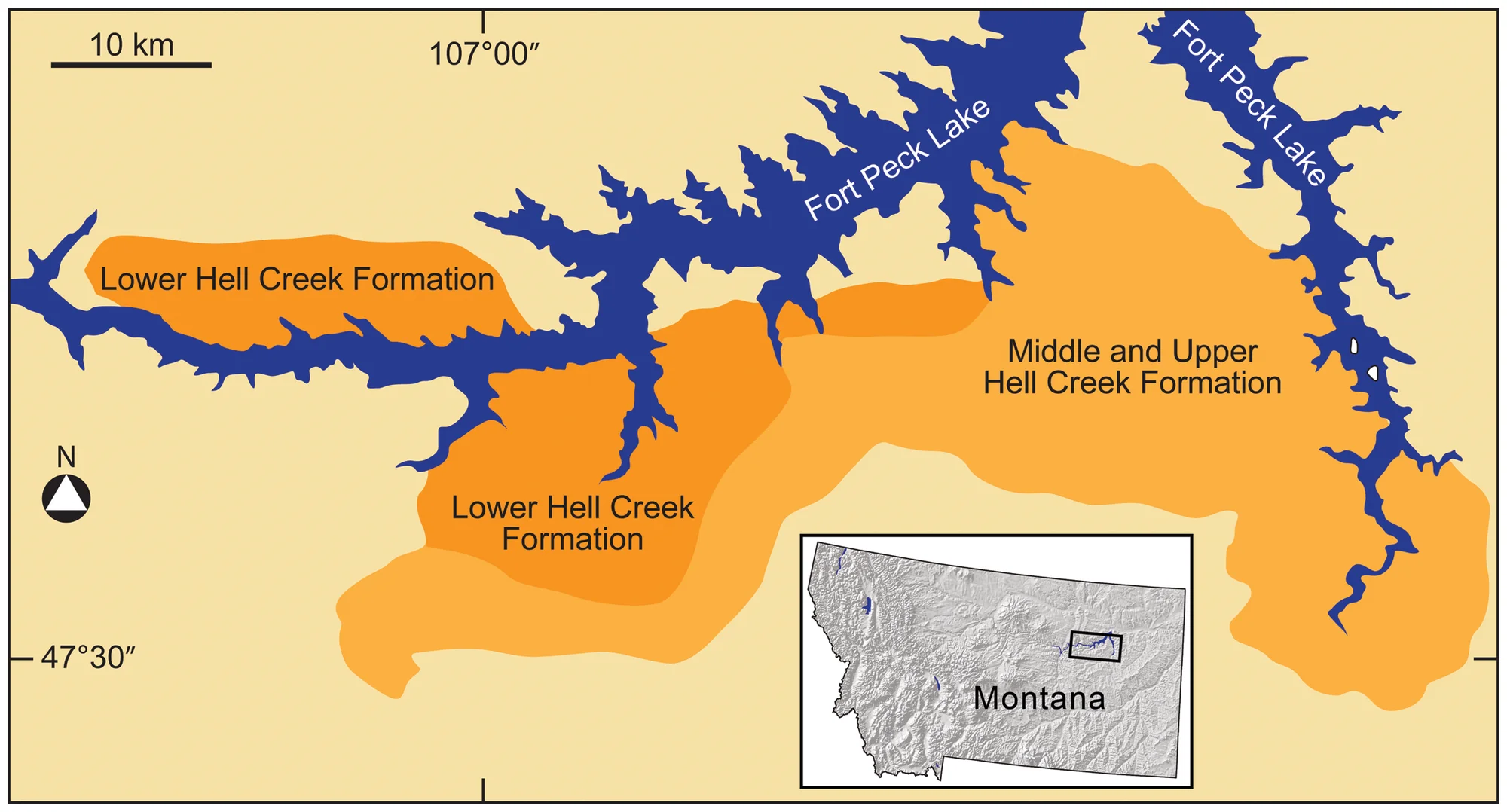Figure 1. Index map of the Upper Cretaceous Hell Creek Formation along Ft. Peck Lake in northeastern Montana, USA.