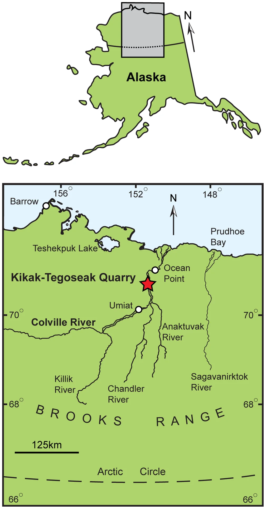 Figure 2. Map showing approximate location of the Kikak-Tegoseak Quarry, North Slope, Alaska, U.S.A.