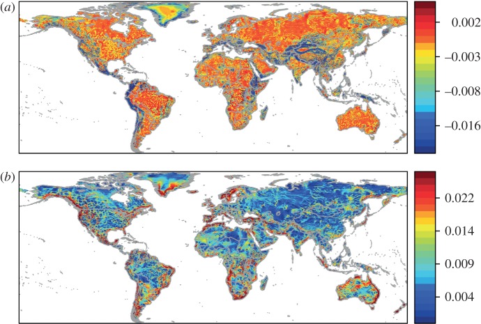 The implications of a population doubling its dispersal radius from 50 to 100 km. We subtract the ( a ) mean and ( b ) maximum fitness advantage of moving 50 km from the mean and maximum fitness advantage of moving 100 km (quantities in electronic supplementary material, figure S4; quantities in figure 1 ). The figures present selection for increasing dispersal capabilities. Data are divided into quantiles with red representing higher values. (Online version in colour.)