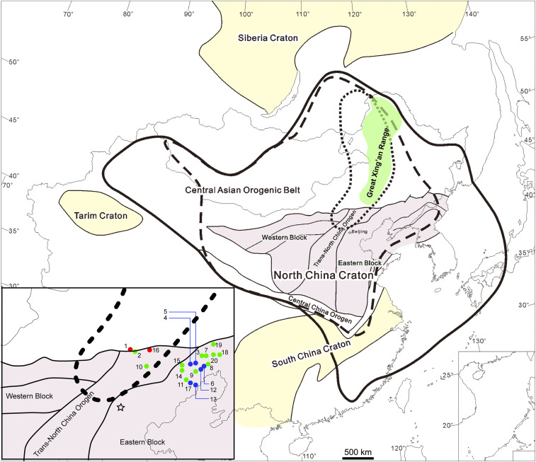 Spaciotemporal distribution of the Jehol Biota and its contemporaneous or nearly contemporaneous biotas in East and Central Asia. The Jehol Biota and its contemporaneous biotas are largely north-southerly distributed during the first evolving stage, along the western margin of the east block of the North China craton (NCC) (dotted line), and expanded eastward, westward, and southward during the second (dash line) and third stages (solid line). The Inset shows the distribution of the major verteb