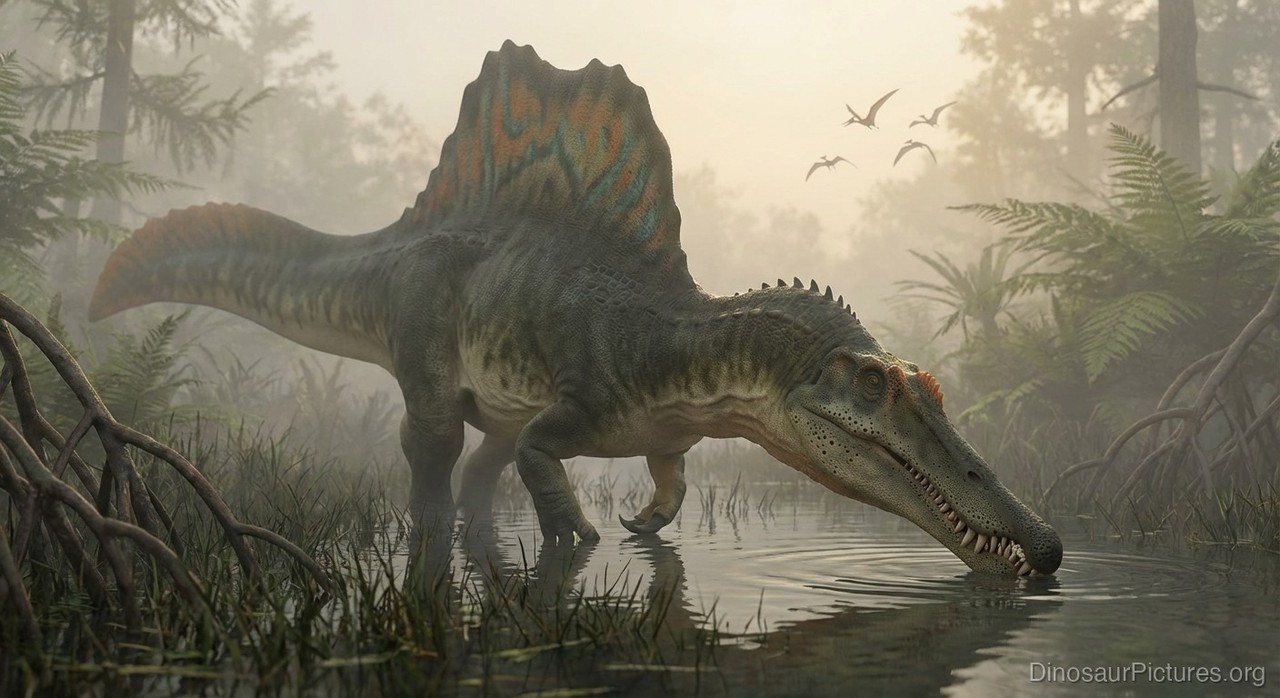 Spinosaurus em reconstrução digital mostrando proporções corporais atualizadas com membros posteriores curtos e cauda em forma de remo.