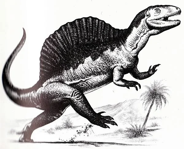 Reconstituicao de Spinosaurus em postura aquatica com a cauda em forma de remo visível.