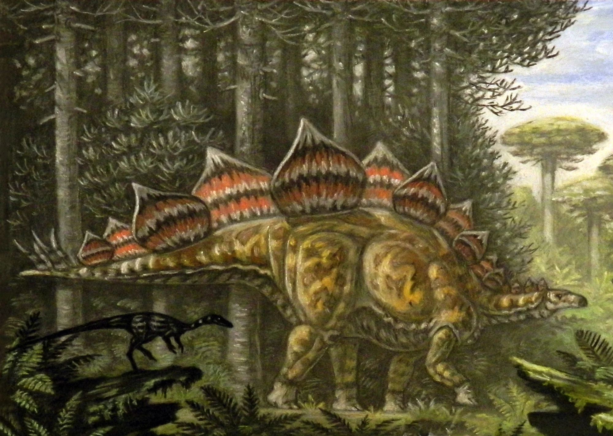 Stegosaurus in ecológical context with Coelurus in the background — both coexisted in the Upper Jurassic Morrison Formation, where Coelurus was a small, agile theropod.
