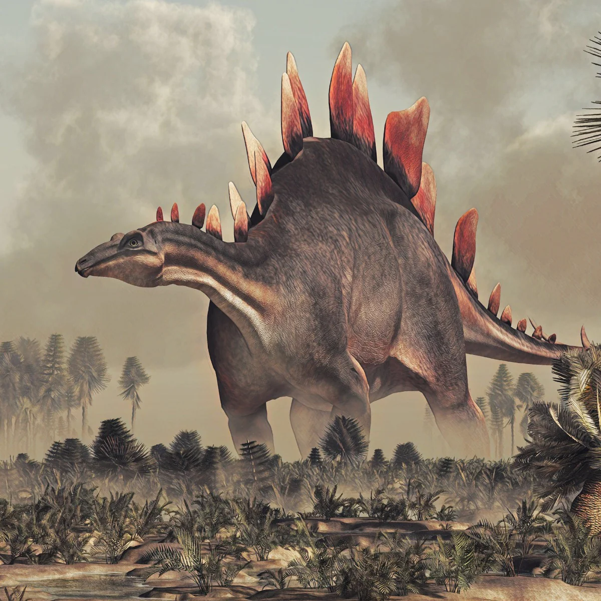 Reconstituição moderna de Stegosaurus incorporando o conhecimento científico atual — postura baixa com a cabeça próxima ao solo, compatível com alimentação de vegetação rasteira.