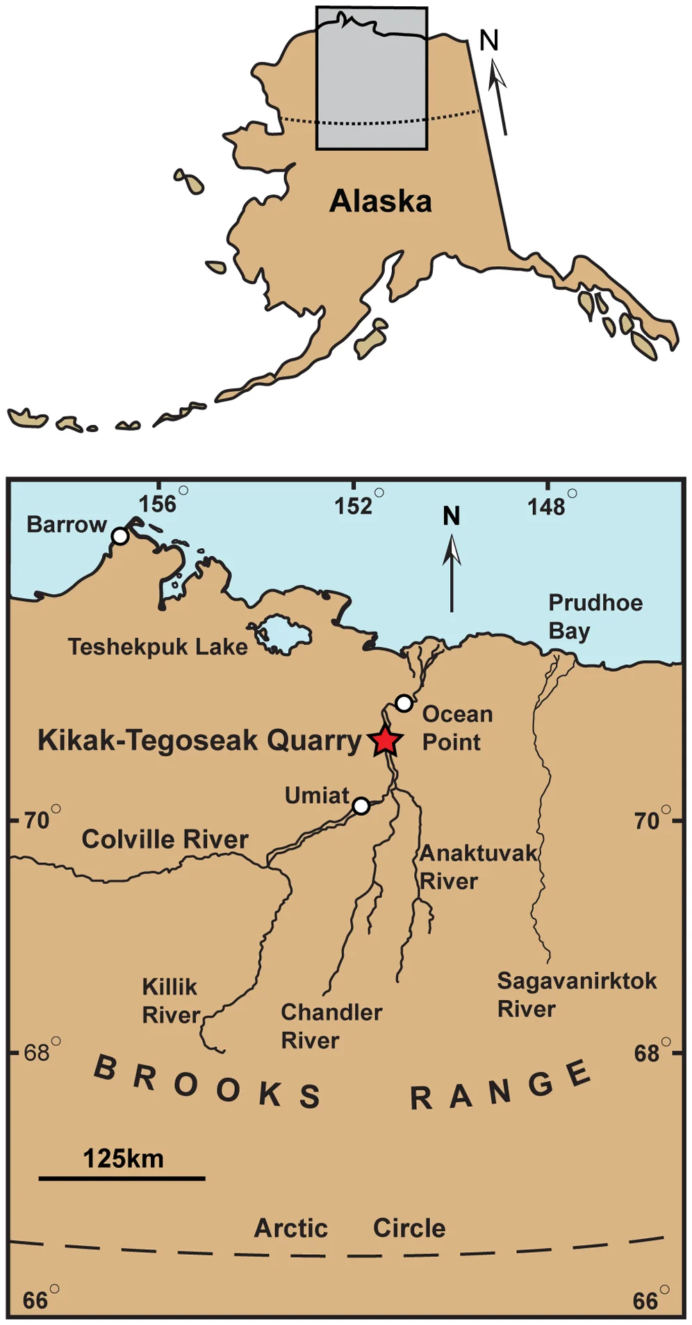 Figure 1. Map showing approximate location of the Kikak-Tegoseak Quarry, North Slope, Alaska, U.S.A.