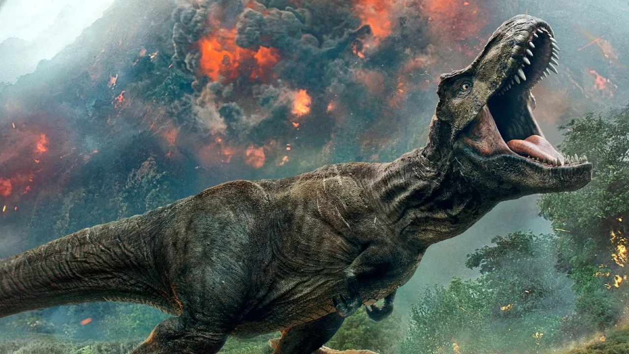 T-rex in Jurassic World: Fallen Kingdom (2018). The cinematic depiction is largely featherless — diverging from current scientific consensus.