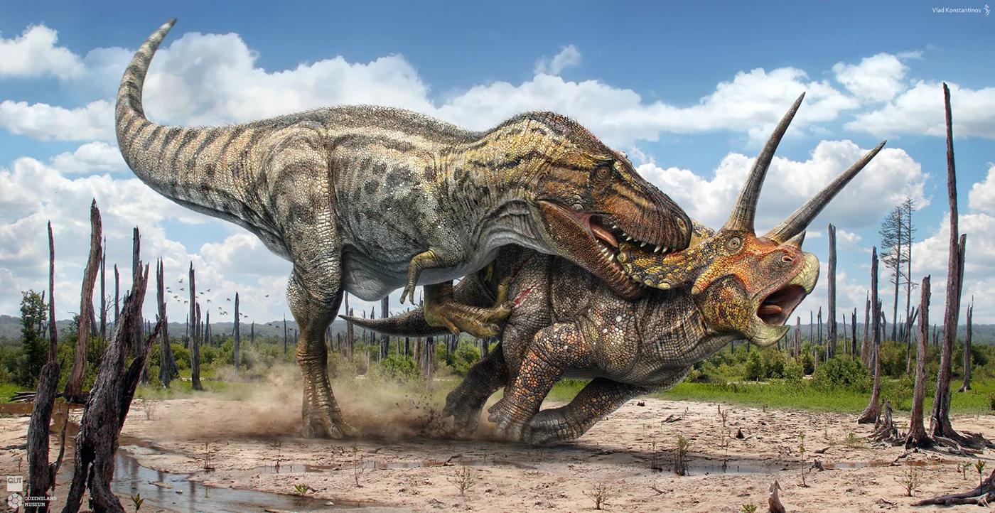 Artistic reconstruction of Triceratops in a Cretáceous environment — the Hell Creek Formation at the end of the Cretáceous (~66 Ma) was a landscape of subtropical forests with rivers and coastal plains.