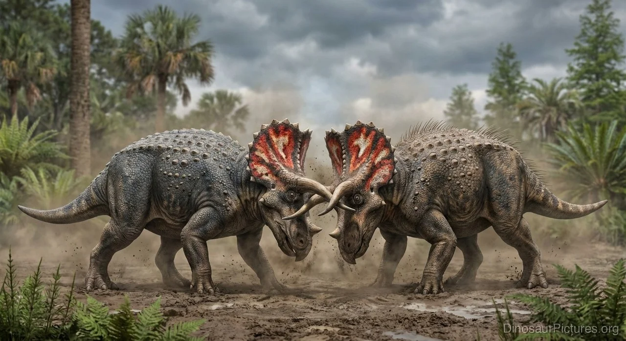 Triceratops reconstruction showing head details — the three horns (two supraorbital and one nasal) could reach 1 meter in length and were used both in intraspecific combat and defense against predators.