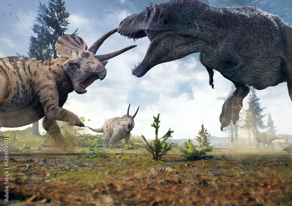 Reconstruction of Triceratops horridus — excavations in the Hell Creek Formation of Montana, North Dakota, and South Dakota have produced dozens of specimens, making it one of the best-documented ceratopsids.